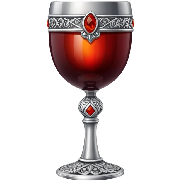 ornate silver goblet decorated with red amber stones filled with red wine emoji