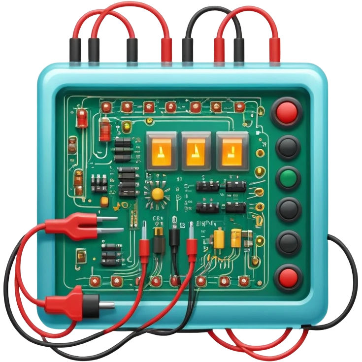 An icon featuring circuit boards, glowing wires, and a multimeter, symbolizing electrical engineering. The design includes voltage symbols and electric currents flowing through components, representing the study and application of electricity. Transparent background emoji