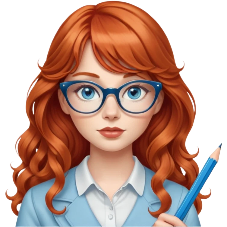 redheaded woman with very long wavy hair and bangs, blue eyes, clear cat-eye glasses, stylish modern outfit, holding a pencil emoji