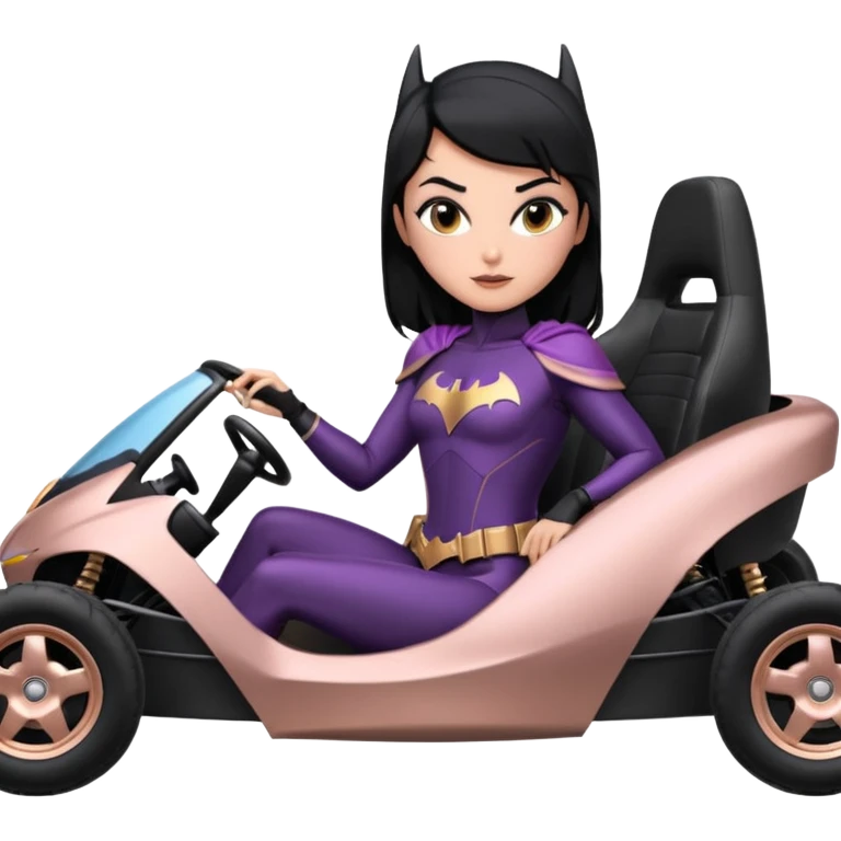 Hot full size real-appearance enclosed electric racing action BatGirl’s feminine midnight-colored tight outfit sixty’s tv show 1992 dark stealthy sporty safe plush petite off-road pursuit cruiser car rose gold accents (black hair,reclined and relaxed torso and shoulders seating position) go kart  emoji