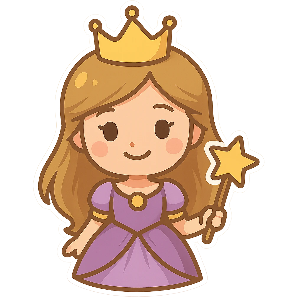 cartoon-style princess emoji with long hair, wearing a golden crown, smiling softly, dressed in a royal gown, holding a magic wand, chibi stickers style emoji