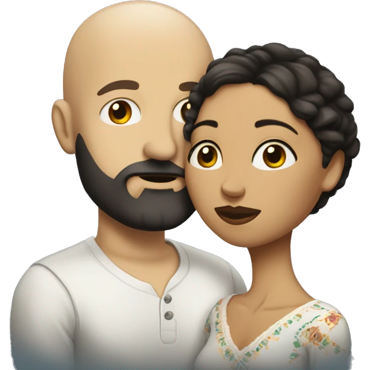 White (bald man) with (dark beard) kissing short Mexican woman with (long dark wavy hair) emoji