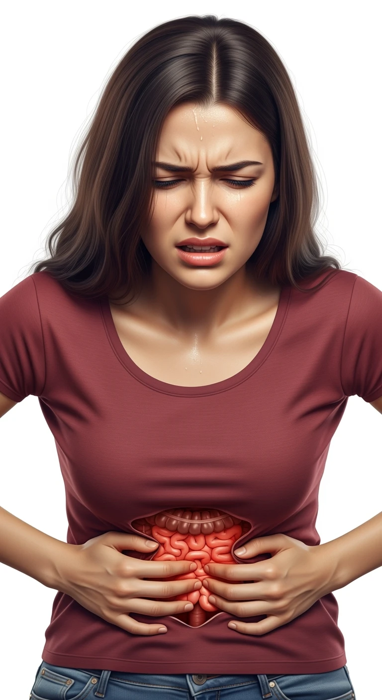 DONNA CHE SI TIENE LA PANCIA DOLORANTE CON INTESTINO VISIBILE, ESPRESSIONE DI DOLORE IN VOLTO, iperrealistico 4k, ISOLATA SU SFONDO BIANCO emoji