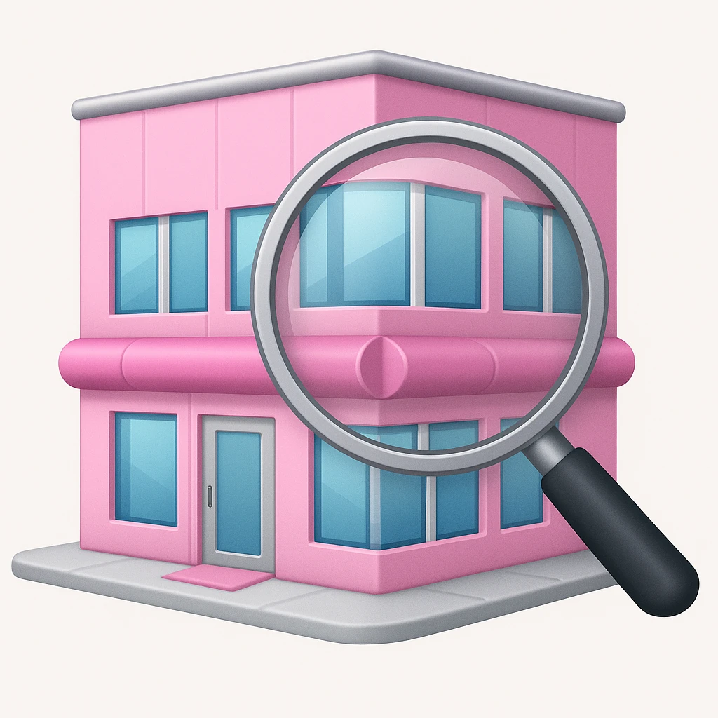 Make it apple style emojis: Add a magnifying glass over the partly pink, very stylish beauty salon building emoji