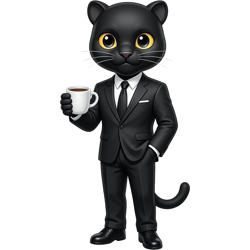Black panther with a suit on and coffee emoji