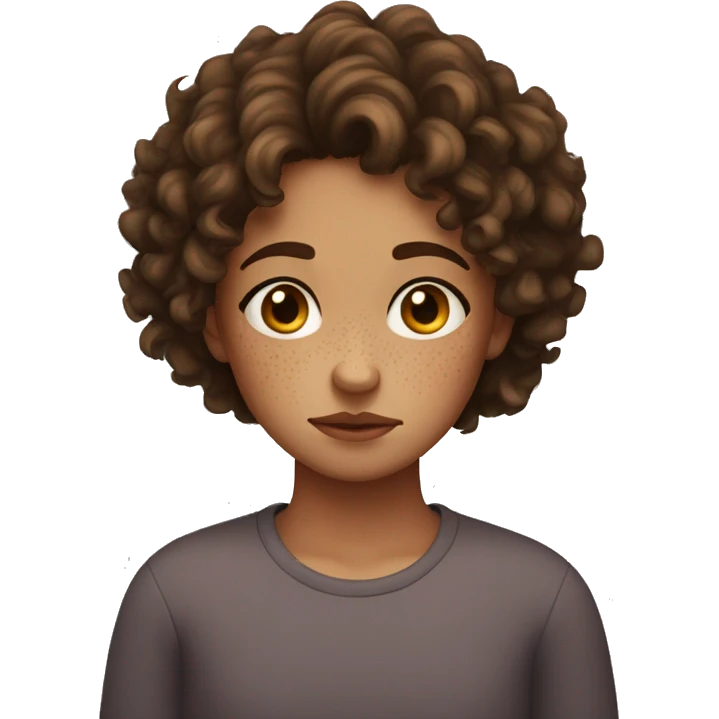 sad curly girl with short brown hair and freckles on her nose emoji