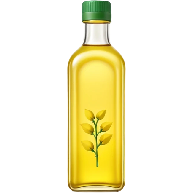 transparent bottle of rapeseed (canola) oil filled with pale yellow oil, simple natural design, slightly curved or rectangular shape, green or neutral cap, no branding, light clear smooth oil with soft golden glow, no label, clean 3D style, soft lighting, emoji scale emoji