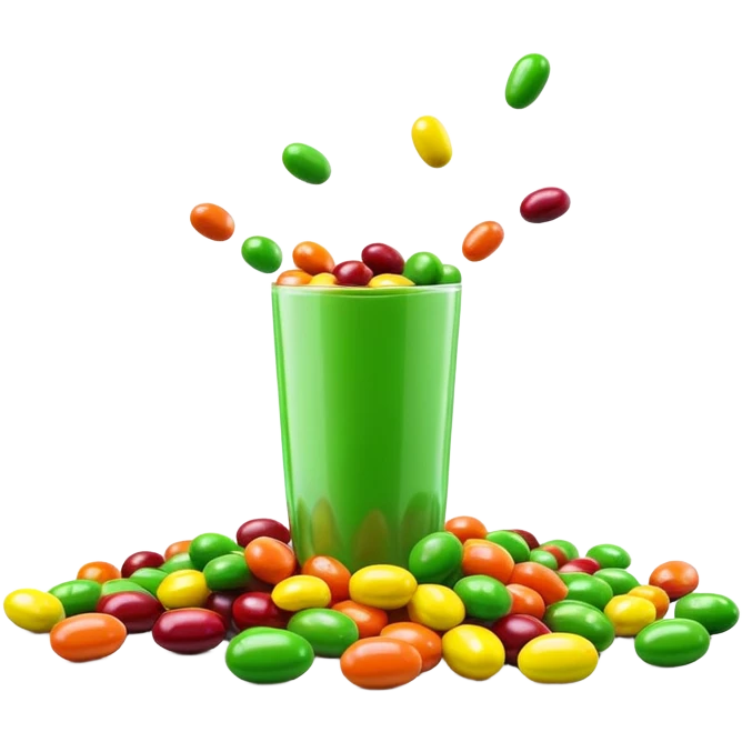 minimalist colorful Skittles candy pack with green candies spilling out emoji