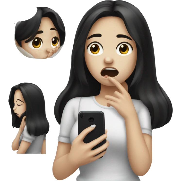A girl with white skin and dark hair is crying, tears, holding her phone in her hand and pressing her finger on it and looking into it   emoji