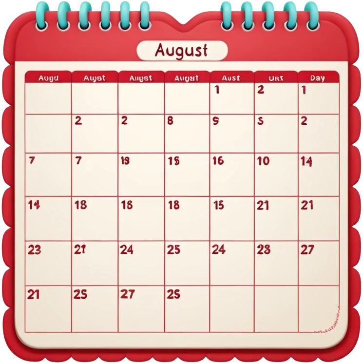a monthly calendar labeled “August,” with rounded square date boxes, scalloped border frame, playful red doodle lines, and a cozy planner vibe. Minimal kawaii style, flat pastel color palette, slightly imperfect sketch lines, centered object, no background emoji