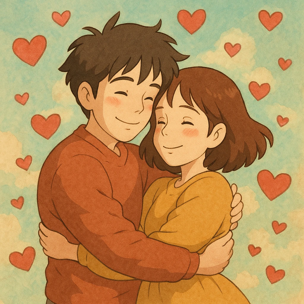 man and woman in love hugging surrounded by hearts with soft colors and whimsical atmosphere in ghibli style emoji