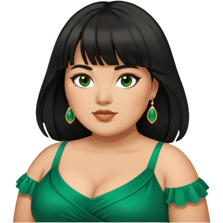 Plus size Latina female with bangs black long hair with emerald dress emoji