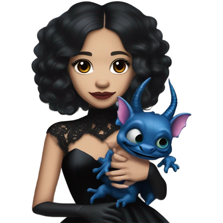 relaxed low cut back silk black evening gown with see-through gloves, Jenna Ortega as Addams woman prom queen wearing a mini tiara, very large blood blue evil-looking horned old dragon hand puppet emoji