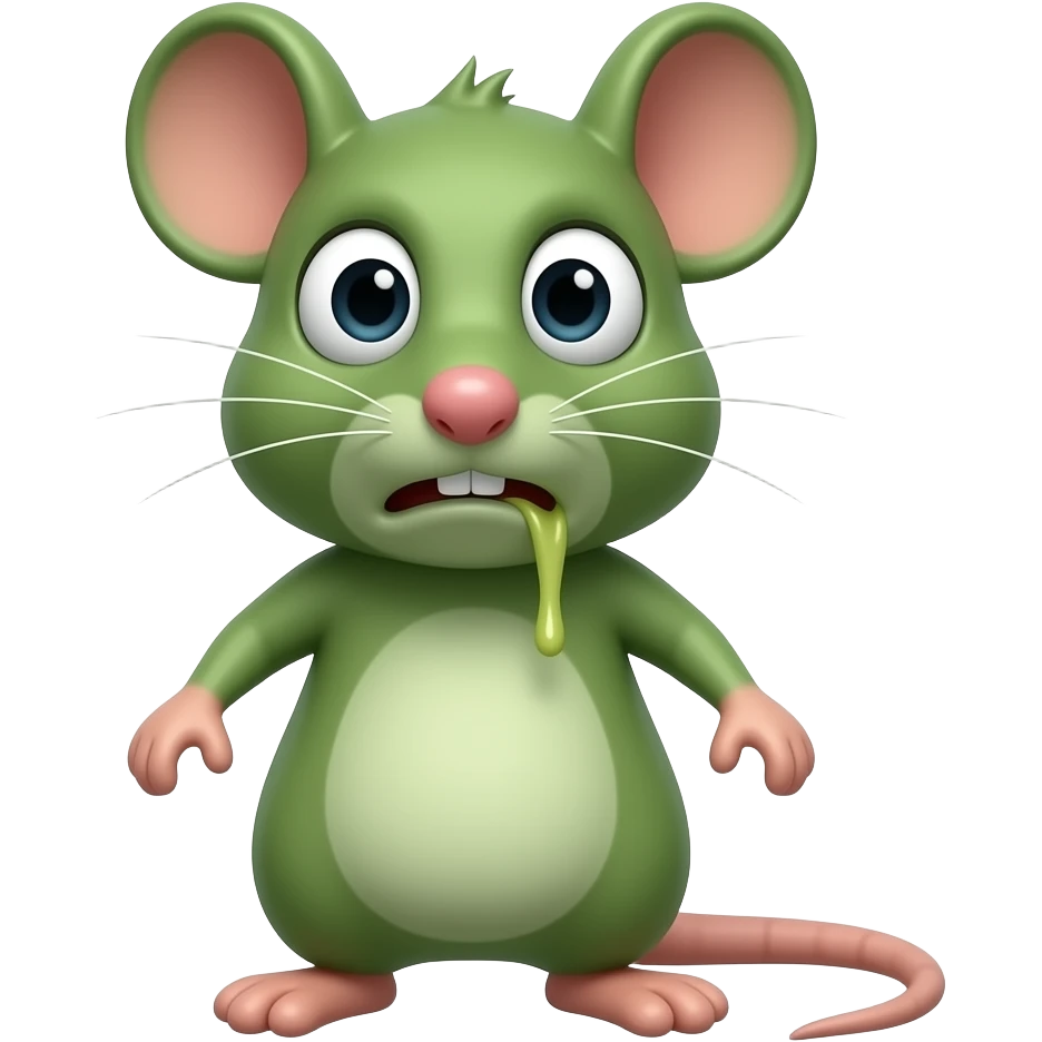 A little green mouse standing upright, with arms and legs that look like those of a little person, staring at us with repulsive face on its face. He's going to throw up .The mouse’s body is entirely green. emoji