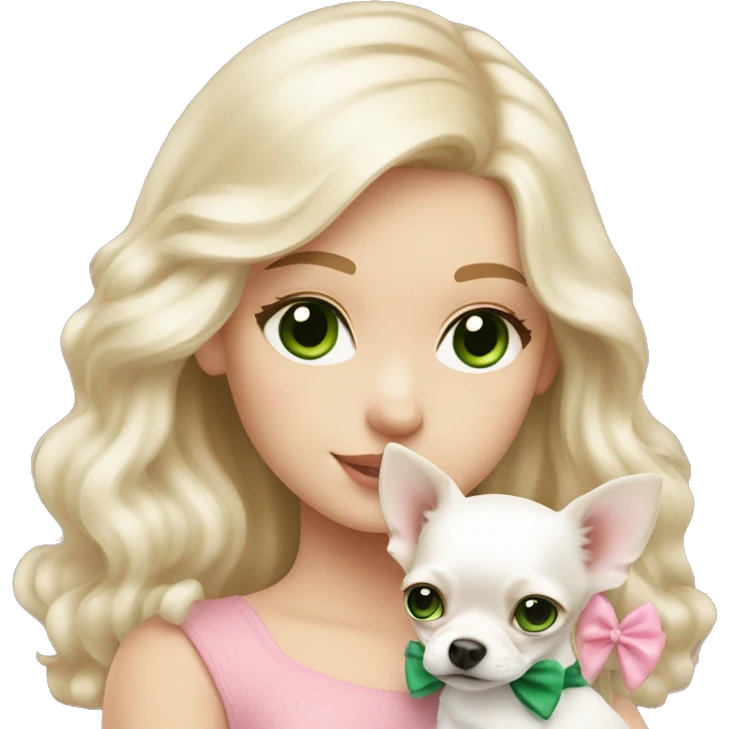 pale blond girl with wavy long platinum hair with green eyes holding a white chihuahua puppy that wearing a pink bow emoji