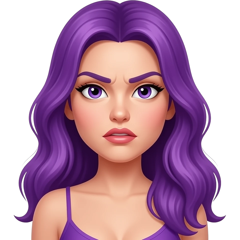 sexy girl with long purple hair makes grimaces with her mouth emoji