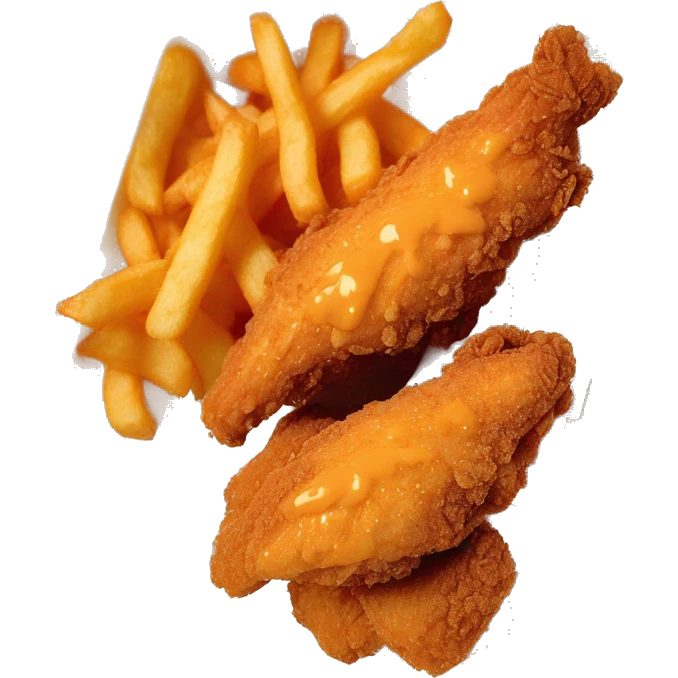 3 chicken tenders with crinkle fries and orange sauce on the side in a styrofoam container styrofoam container emoji