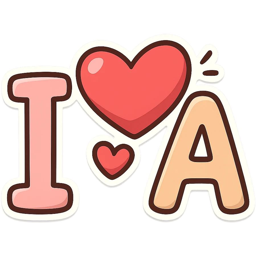 massive 'I ❤️ A' in cute cartoon style, heart popping out, rounded friendly letters emoji