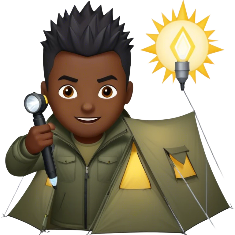 dark skinned black man with short spikey hair hover over a tent aiming his flashlight at the tent with an evil smile on his face emoji