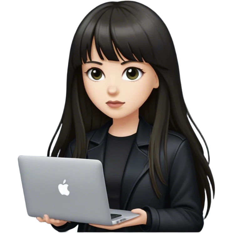 Beautiful white girl, with dark very long hair with bang, wearing black jacket with MacBook  emoji