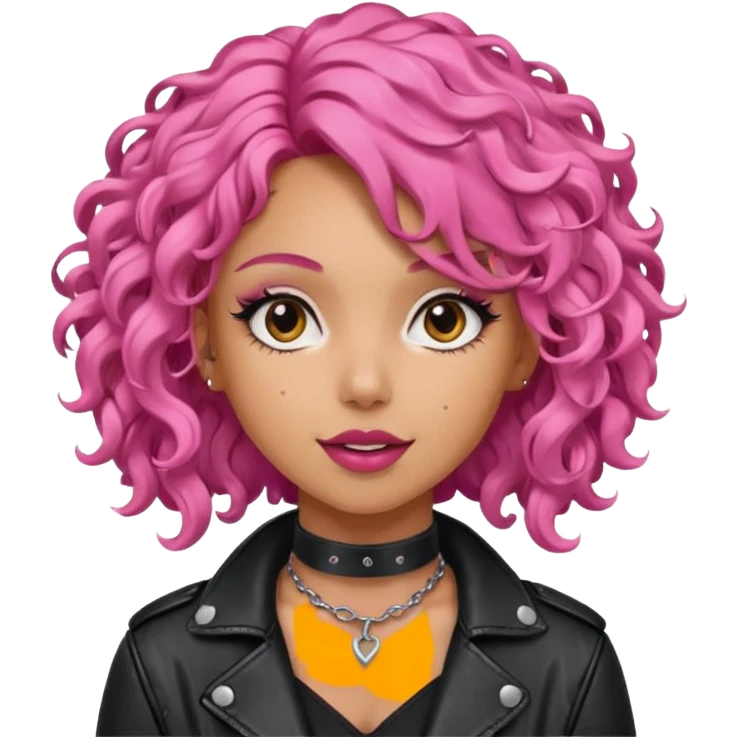 young fashionable woman, curly pink hair, wearing a leather jacket and choker, playful expression emoji