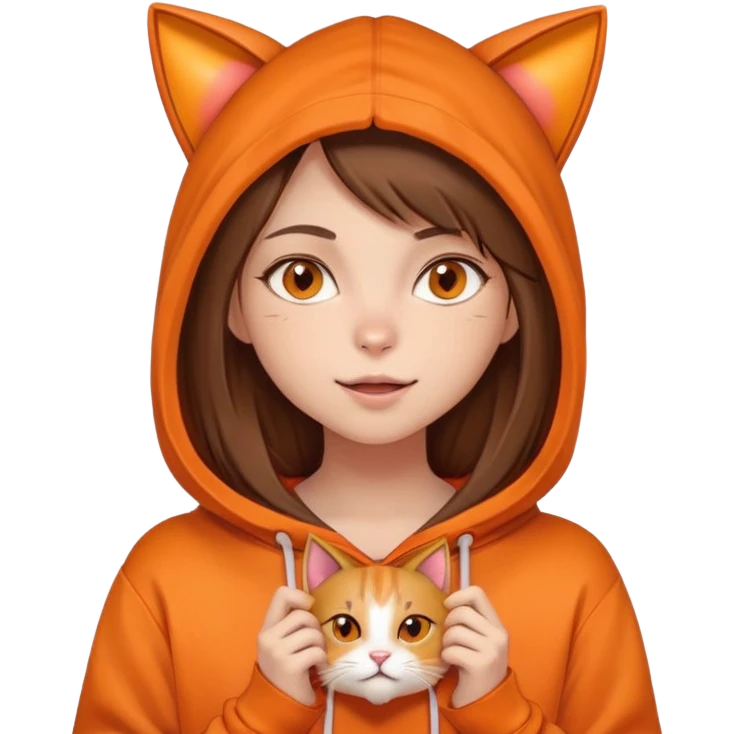 Una niña piel blanca, pelo castaño y lacio, ojos color miel, con un poleron naranja que en el gorro tiene una cara y orejas de gato, mordiendo un corazón naranja  emoji