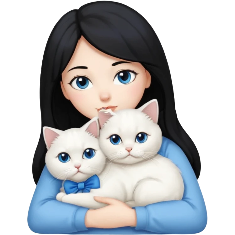 black hair woman snuggling white Persian cat with a blue bow emoji