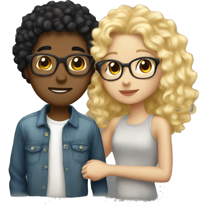 Boy curly blonde hair glasses kissing girl  with black hair emoji
