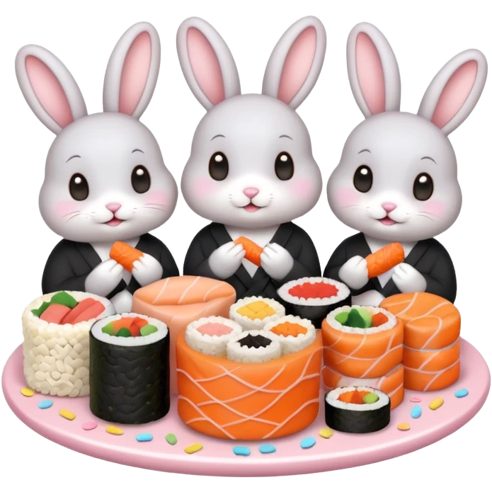four cute bunny rabbits eating sushi at a birthday party, pastel colors, kawaii, confetti, birthday cake, emoji style emoji