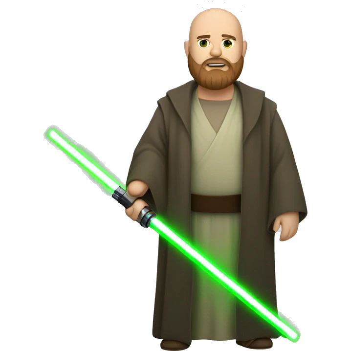 Full body Star Wars bald brown bearded chubby man holding green light saber emoji