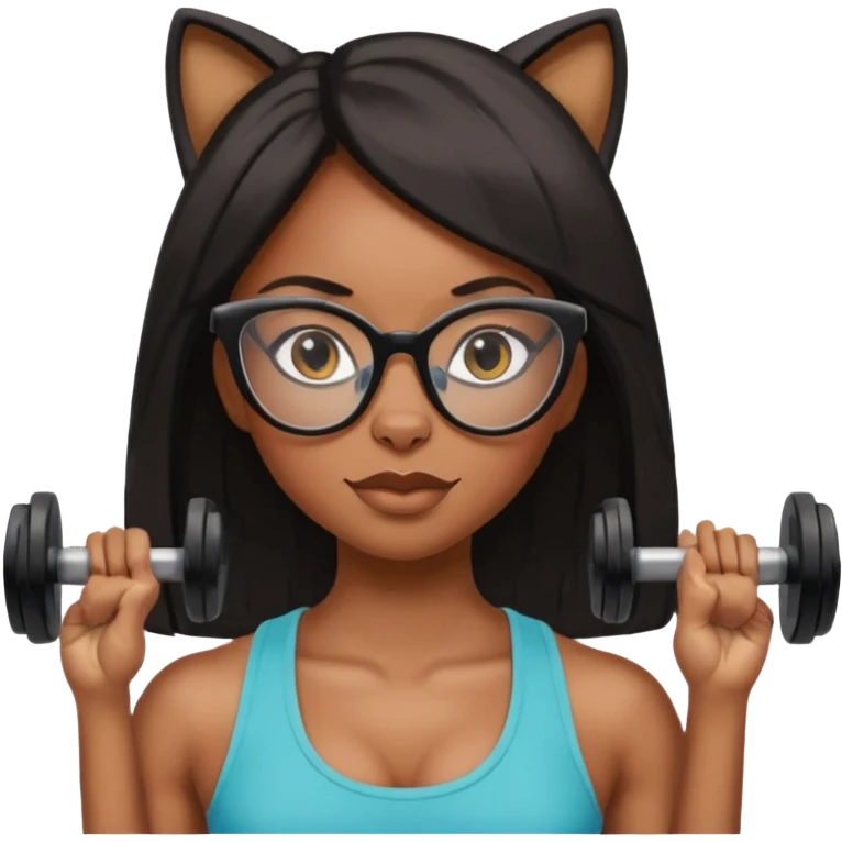 Negra,cabelo liso,óculos com armação de gato segurando peso de academia emoji