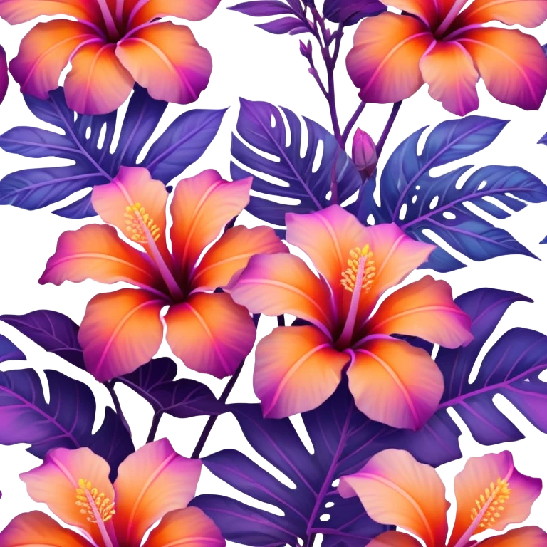 Iridescent tropical exotic beautiful pretty Purple pink and orange gradient hibiscuses sunset sunrise full scenery aesthetic deco emoji