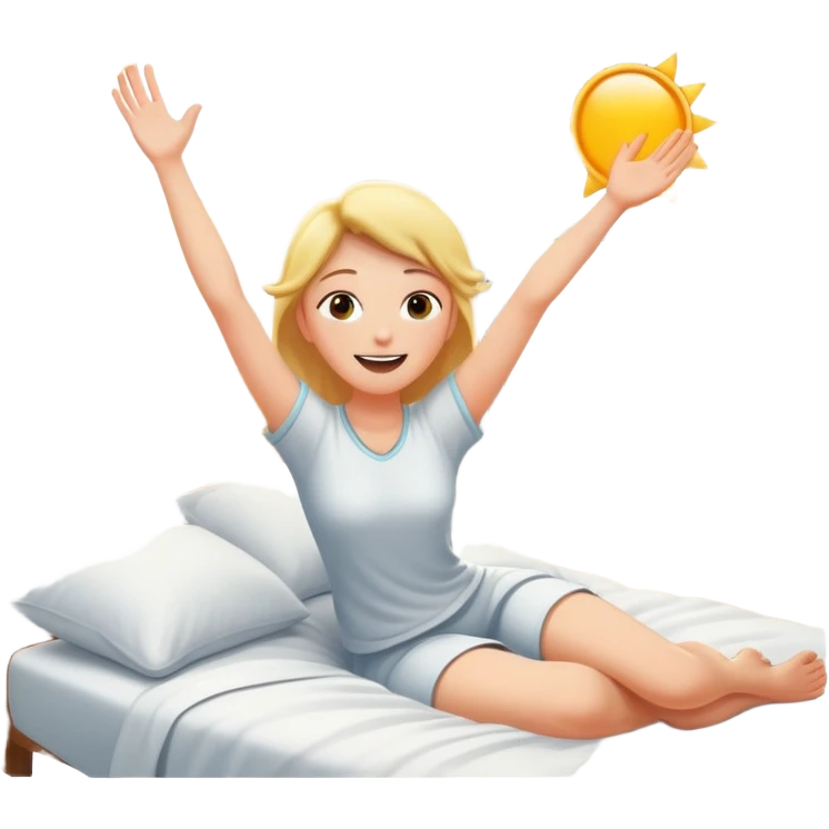 person waking up in bed, stretching with sunlight coming through the window, cheerful and fresh emoji