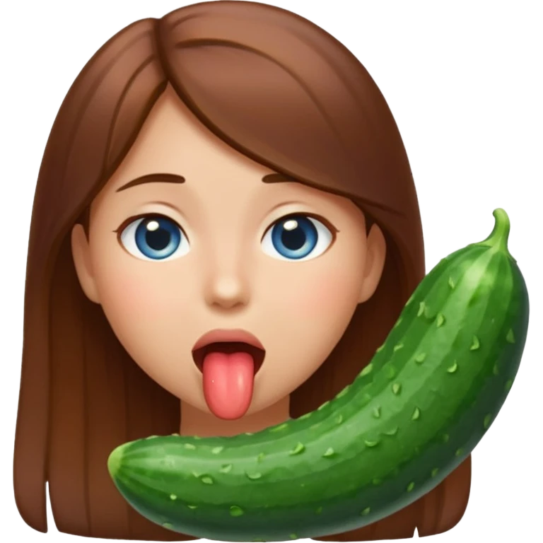 I want a girl emoji, blushing, brown hair blue eye, drooling a bit because she has a full cucumber in her mouth. I want her to chock a bit on it but still enjoying. The cucumber is her mouth, she is sucking it. emoji
