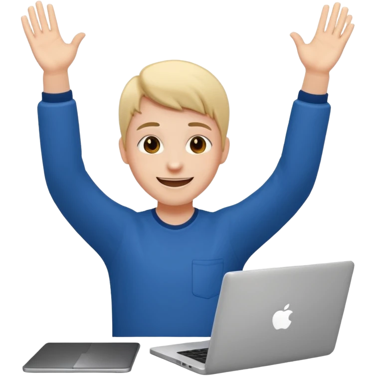 student with laptop, both hands raised emoji