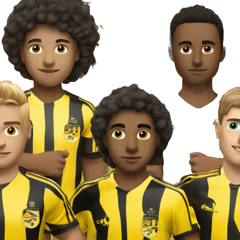 5 people that wears a black yellow football kit with yellow shorts, the kit is look like an art and there is an potato image on the left up on the kit emoji