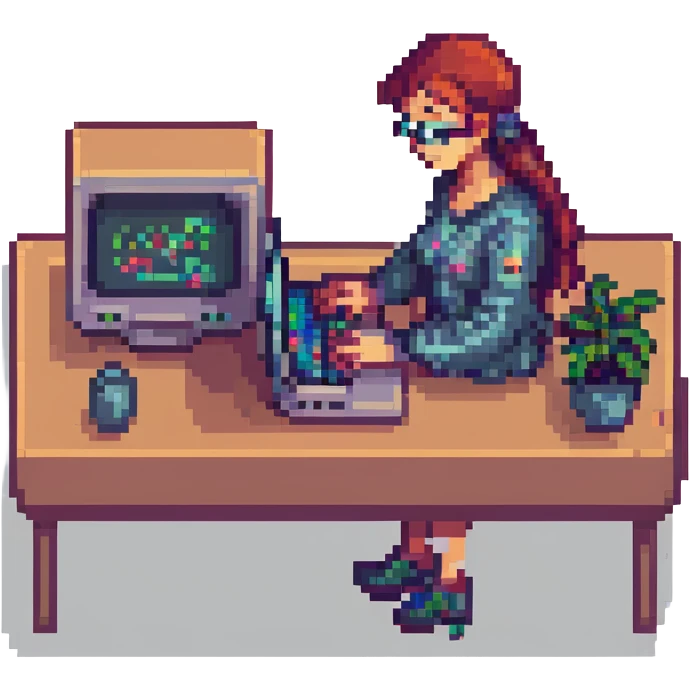 Make the web developer a female, keep the pixel art retro computer style, coding on laptop, pixel art details, retro computer elements, limited color palette. emoji