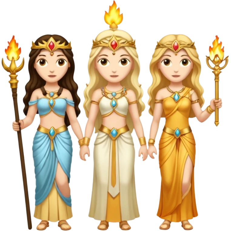 Three goddesses. one with a torch facing right,  one with a torch facing left, one in the center with a key. emoji