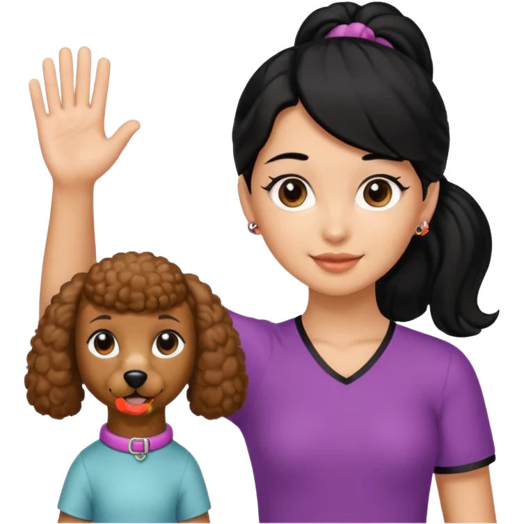 Ponytail black hair girl with brown Poodle say goodbye  emoji