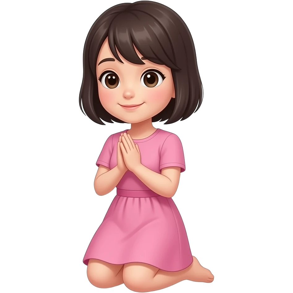 chica de cabello oscuro y corto, sin accesorios, con vestido color rosa, orando de rodillas emoji