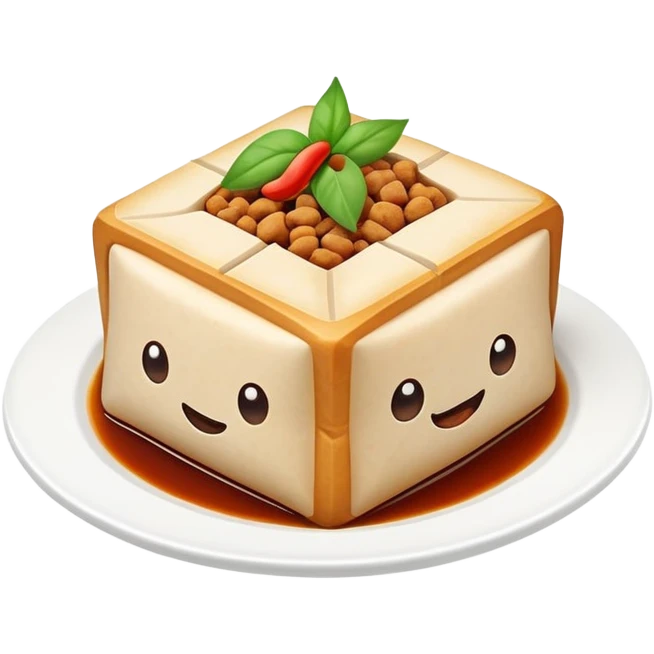 Hakka Stuffed Tofu with five spiced meat filling, simplified emoji style with bold outlines and bright colors, cartoon style unique triangular stuffed bean curd emoji