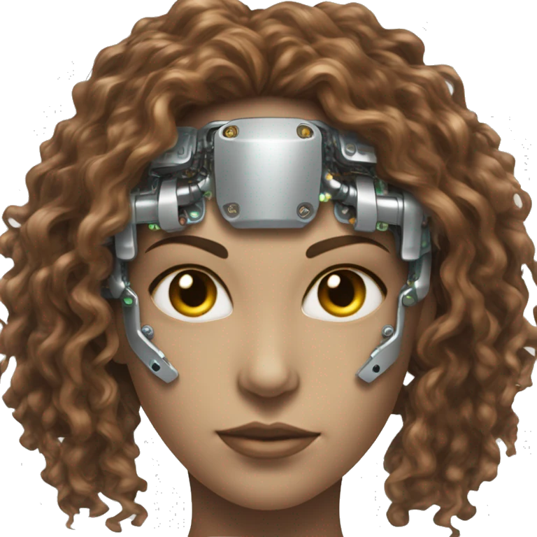 female cyborg head with metallic plated face, long brown curly hair and circuitry emoji