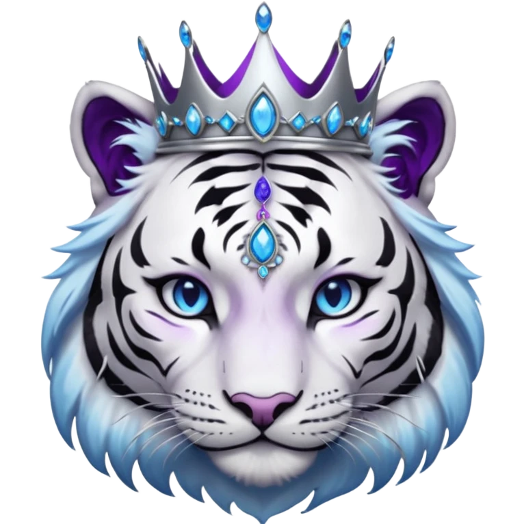 ESO Female white/black tiger khajiit leader of the umbral rose, glowing blue eyes, glowing blue 'third eye' gem; purple gemmed silver crown/tiara emoji