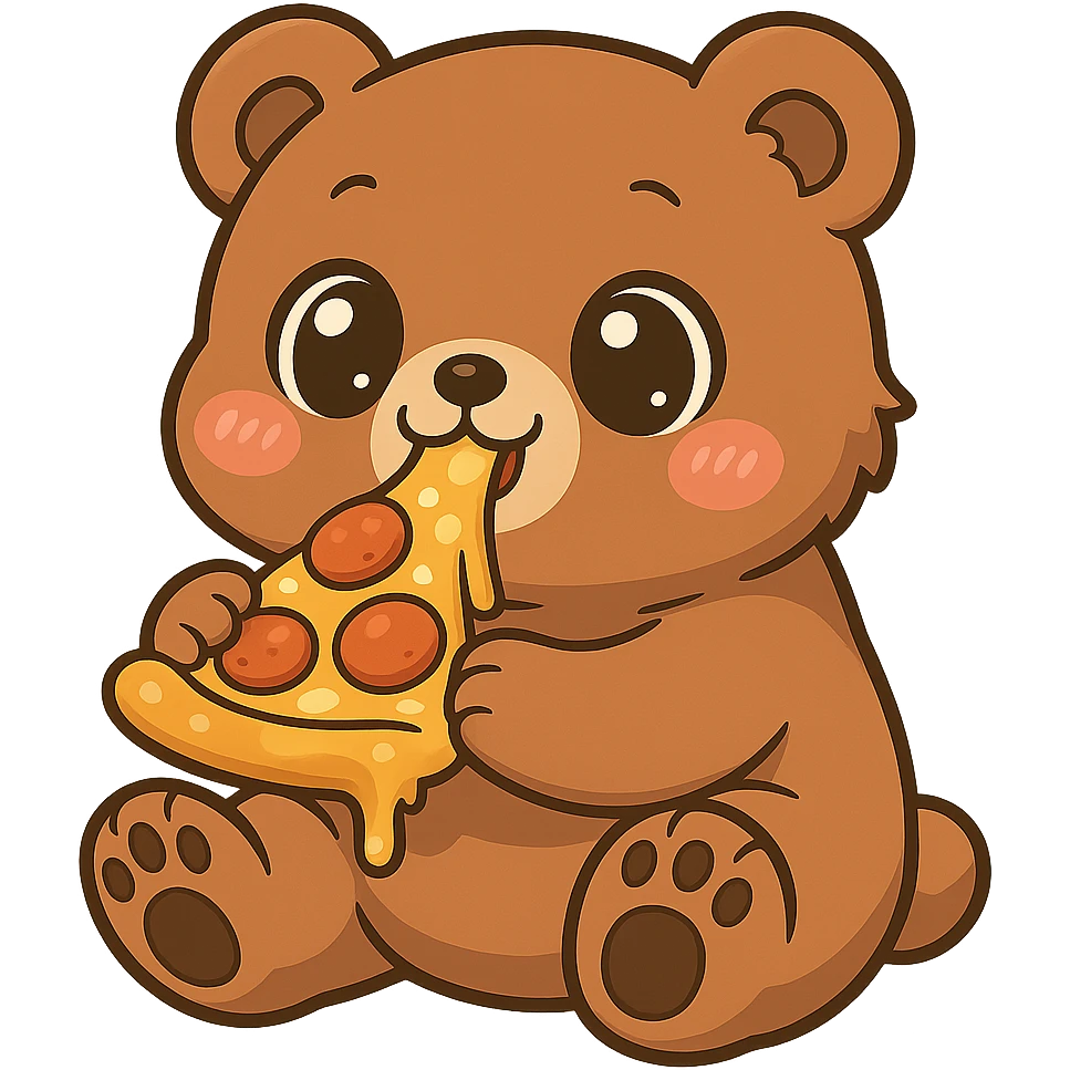Make the anime style bear eating pizza cuter by giving it bigger eyes and a rounder face. Keep no background. The style should remain anime-like. emoji