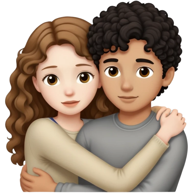 girl with long light brown hair and pale skin hugging a boy with short black curly hair and tanned skin emoji