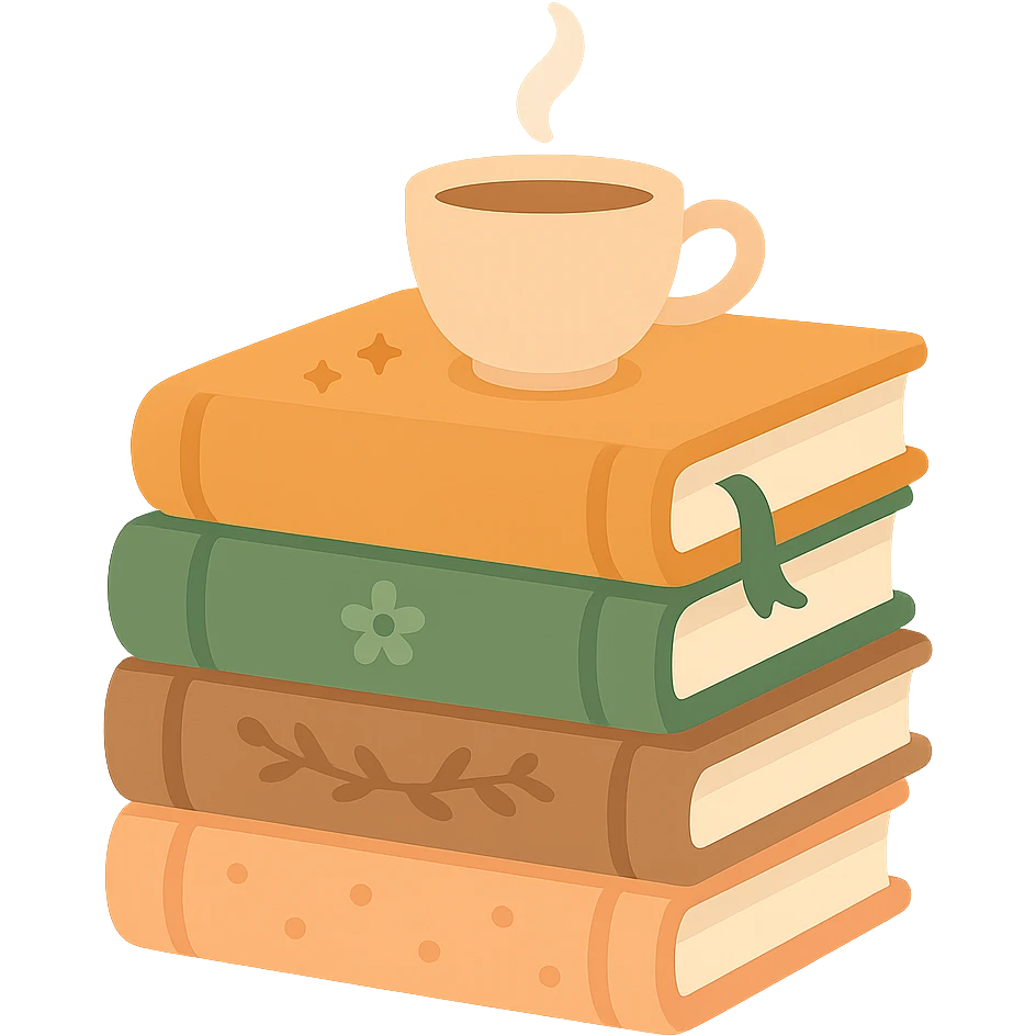 A cute stack of books with a cozy and magical vibe, each book bound in soft, harmonious colors: golden orange (FA9B41), forest green (4A7C5C), warm taupe brown (96775A), and pastel peach (FFCC9A). The books are slightly worn with rounded corners and decorative covers featuring tiny stars, floral motifs, or whimsical patterns. A ribbon bookmark peeks out from one, and a small cup of tea or magical trinket rests on top of the stack. The lighting is warm and gentle, with a dreamy, storybook feel. The overall scene feels inviting, charming, and gently enchanted emoji