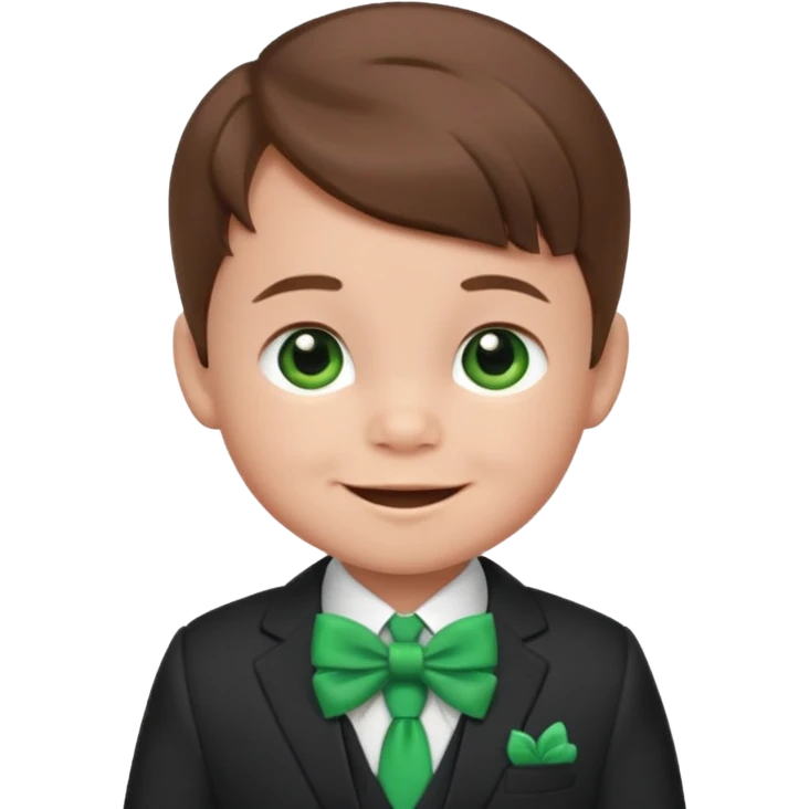 baby boy, brown hair in suit, with green bow, smile emoji