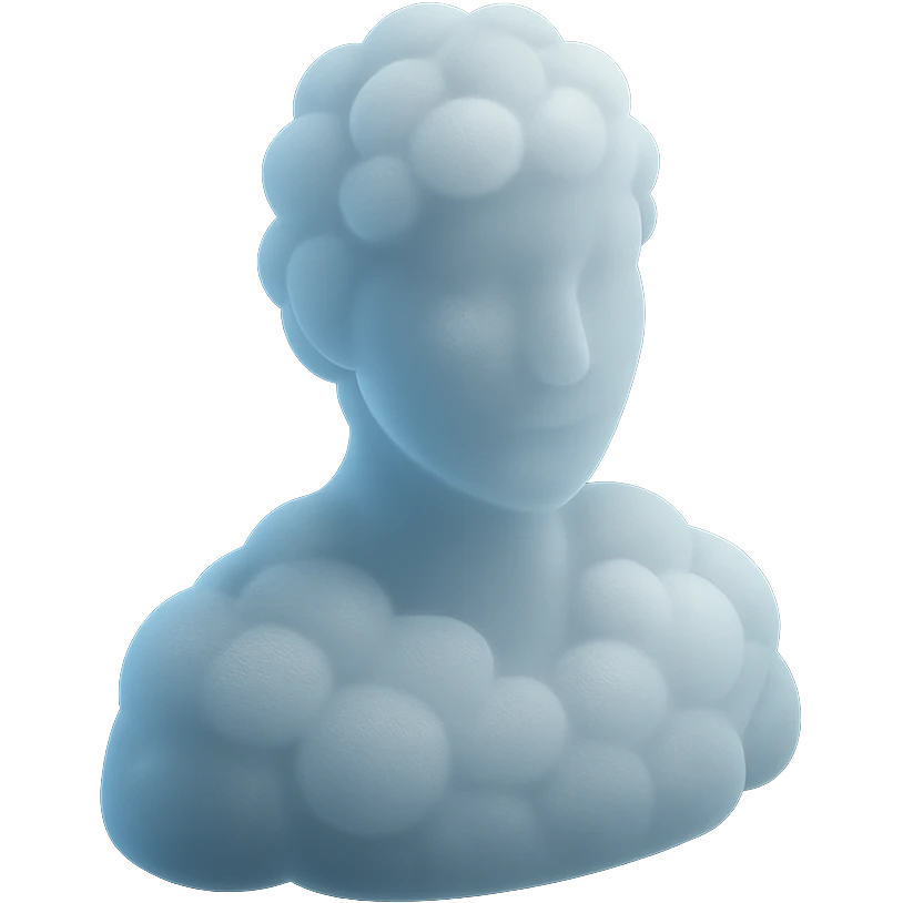 person made entirely of white fluffy convex clouds, shoulder up, front view, matte glass style, no background emoji