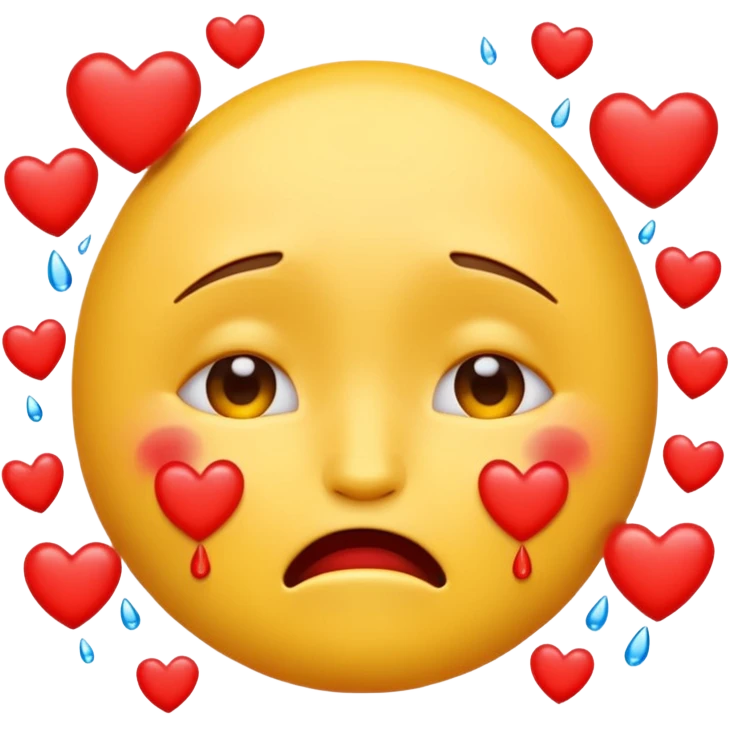 a yellow emoji face who cries from happiness and around red hearts emoji