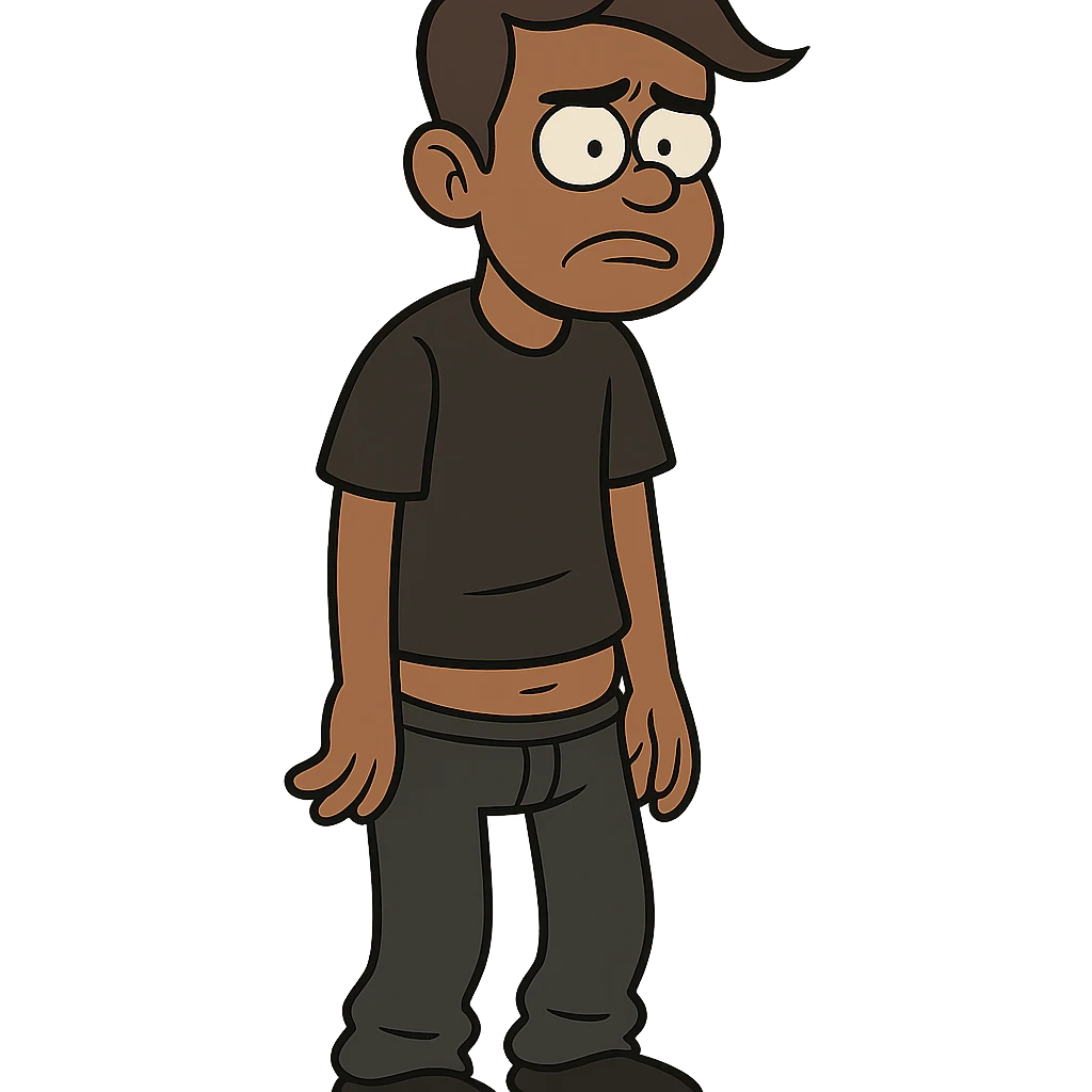 personaje con piel marrón, pelo peinado para el lado, ropa negra, pantalones un poco bajados emoji